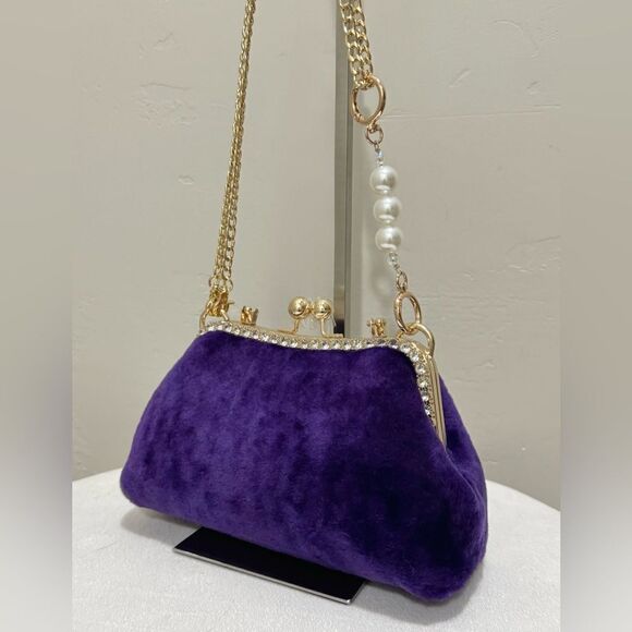 Purple Handmade Genuine Shearling Kisslock Top Handle bag/Shoulder Bag/Crossbody - Picture 4 of 16